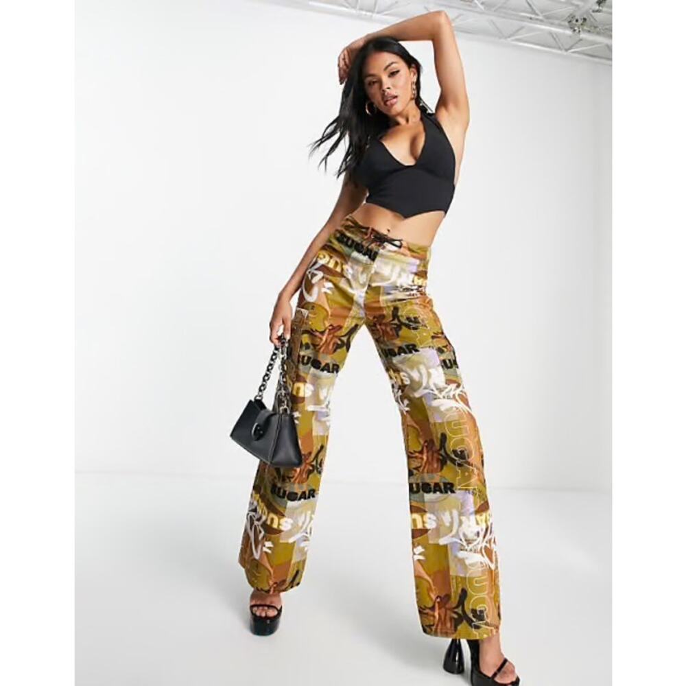 AsYou Y2K Vintage Printed Graphic Wide Leg Pants Size 2 Streetwear Indie - Picture 2 of 14